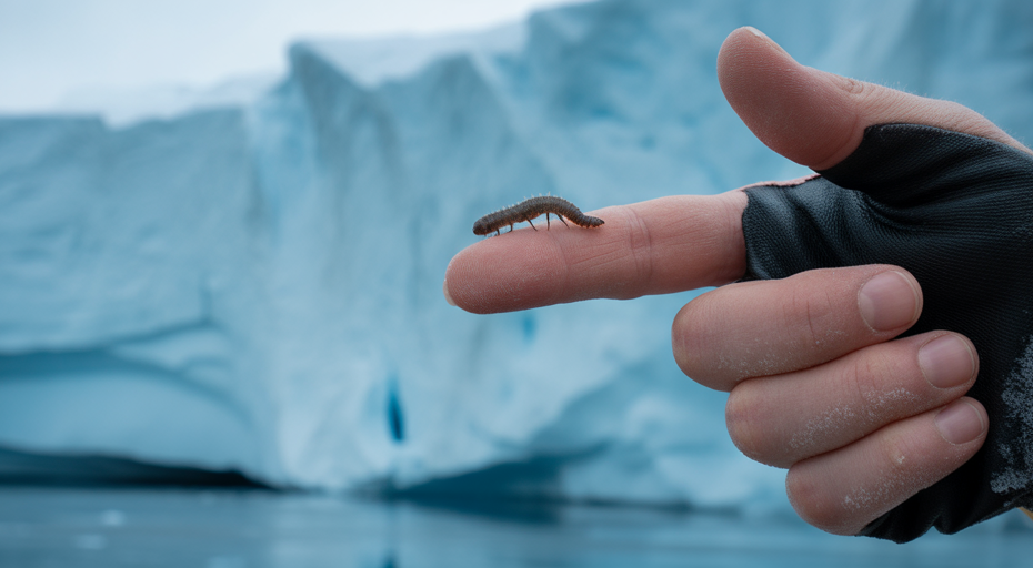 Tiny ice worm on a gloved fingertip.