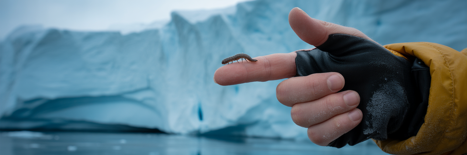 Tiny ice worm on a gloved fingertip.