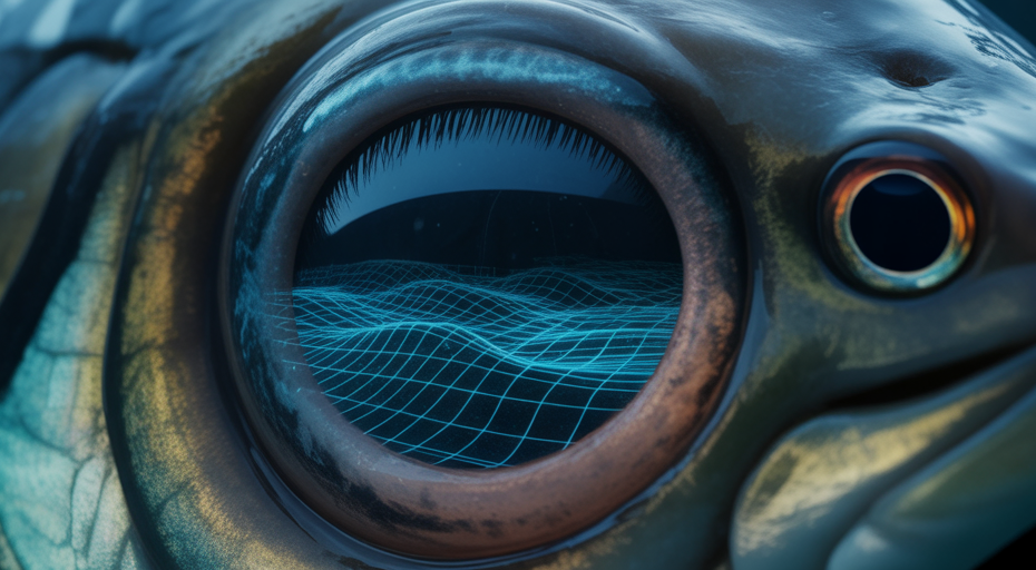 Fish eye reflecting a grid of pressure waves.