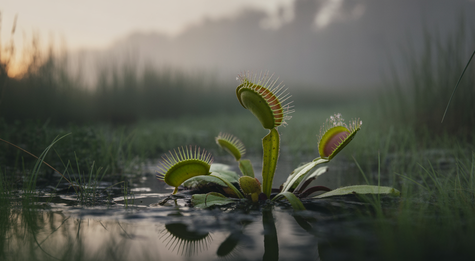 Menacing Venus flytrap in a misty swamp