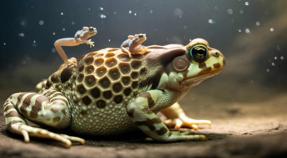 Suriname toad giving birth from back.