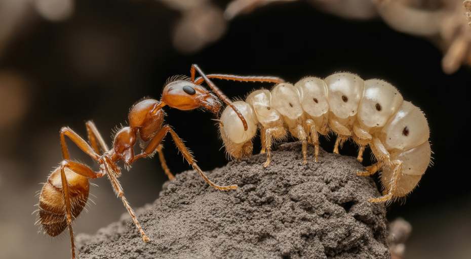 Worker ant carrying Phengaris caterpillar to nest.