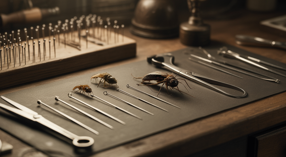 Meticulously arranged entomology tools on desk