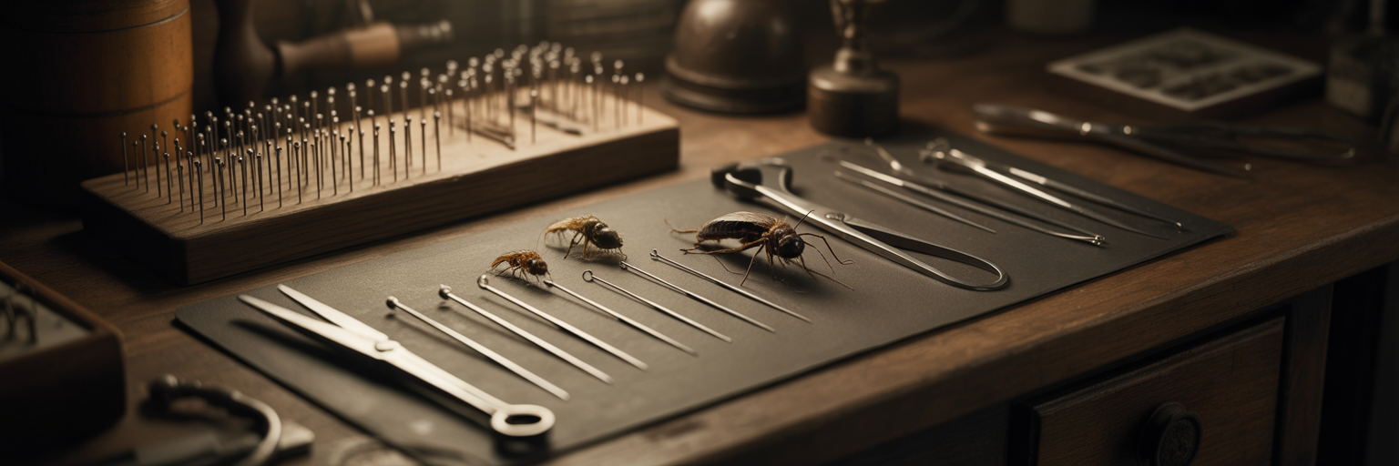 Meticulously arranged entomology tools on desk
