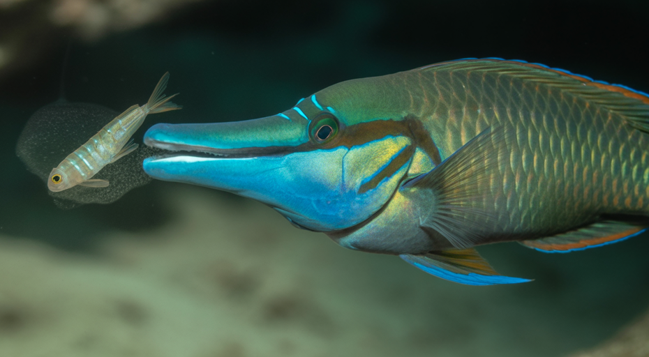 Slingjaw wrasse extending its jaws to attack.
