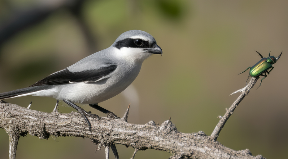 Shrike bird perched on thorny branch.