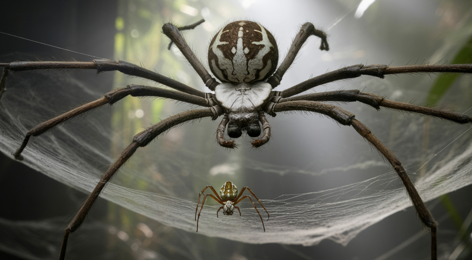 Cyclosa spider with its large decoy spider on a web.