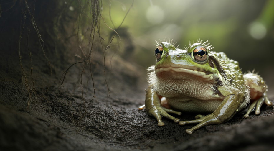 Hyper-realistic portrait of a hairy frog