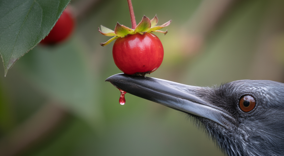 Bird holding a ripe red berry.