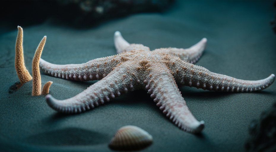 Regenerating starfish on the ocean floor.