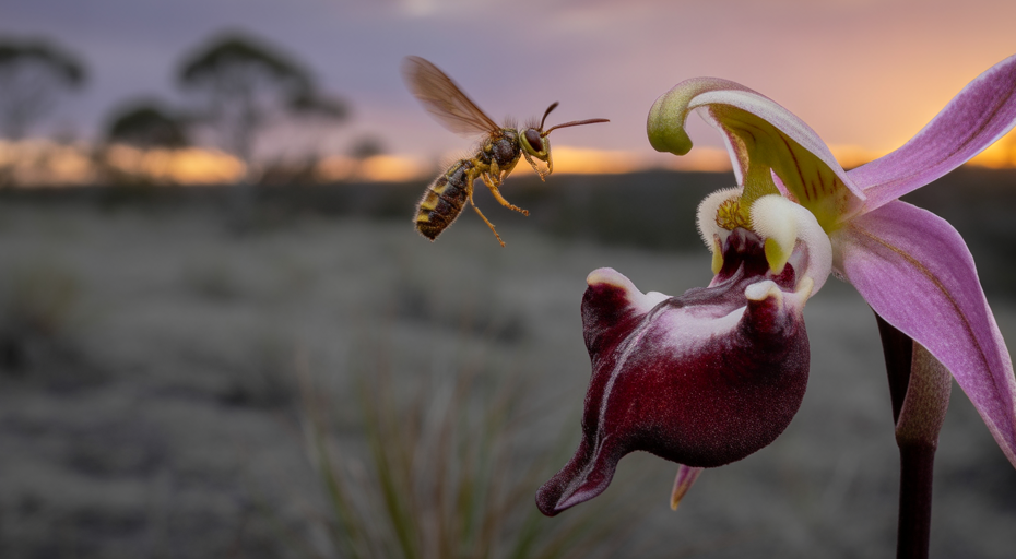 Hammer orchid silhouetted against a dusky sky.