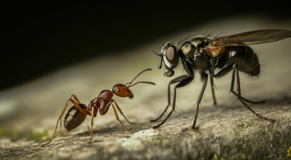 Phorid fly preparing to attack ant.
