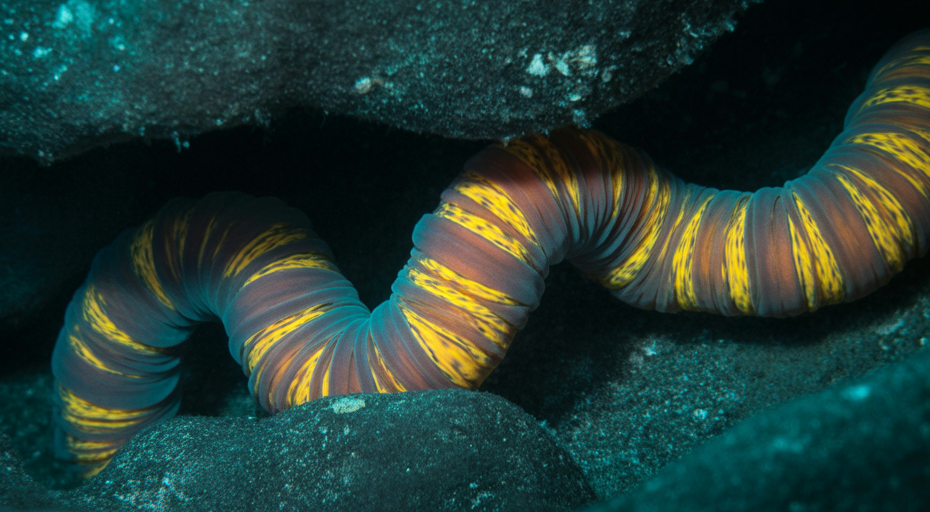 Vibrantly colored ribbon worm underwater