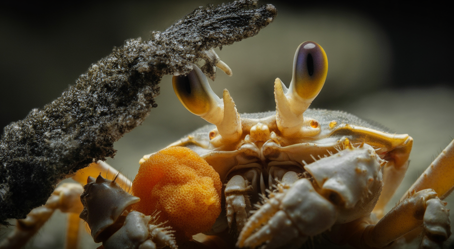 Close-up of a decorator crab's face.