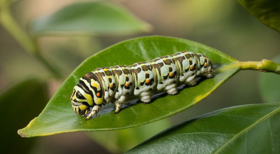 Bird poop caterpillar on a green leaf.