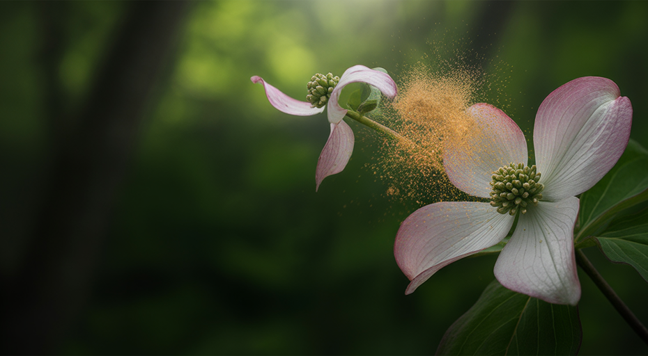 Bunchberry dogwood flower exploding pollen