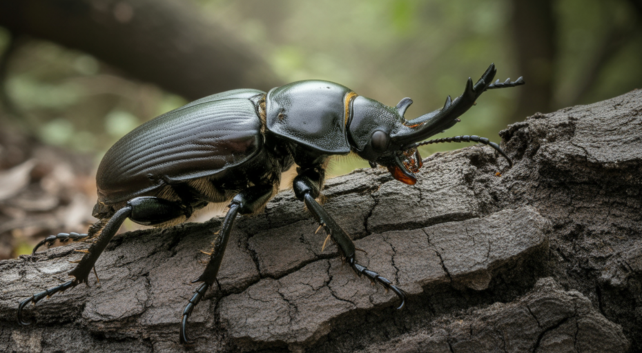 Diabolical ironclad beetle on bark