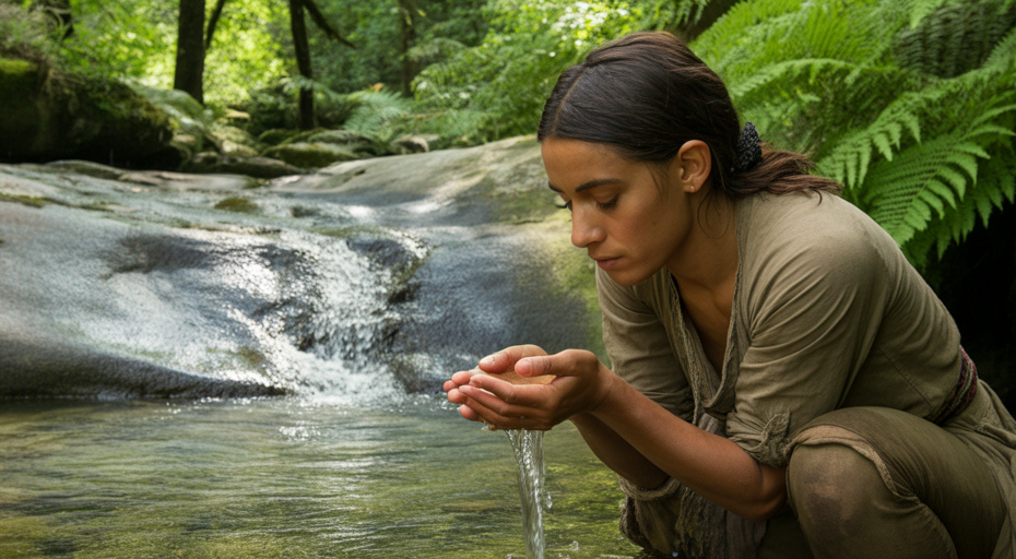Person drinking from stream risking parasites.