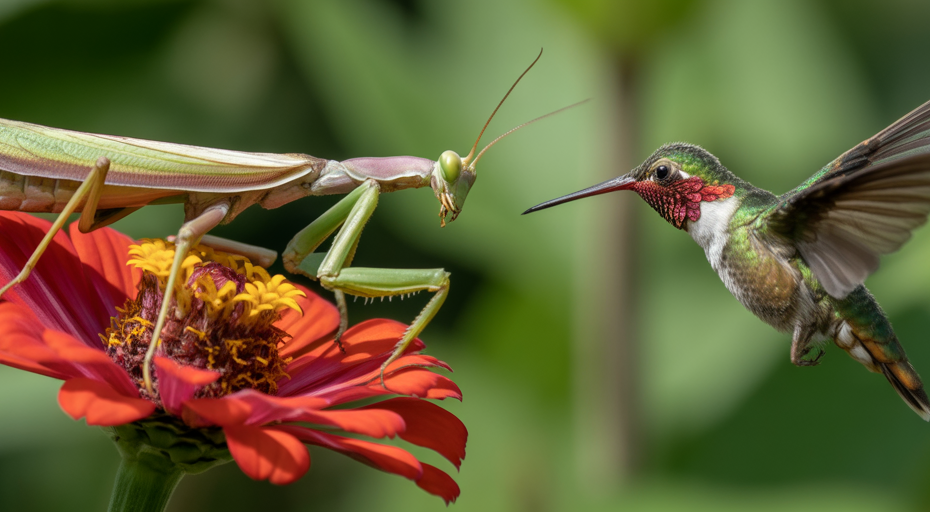 Praying mantis waiting on a flower for a hummingbird.