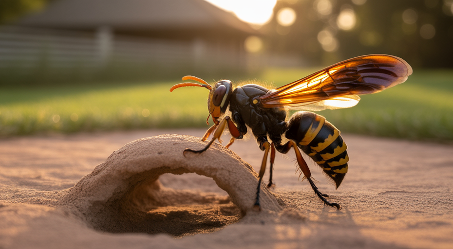 Cicada killer wasp at burrow entrance.