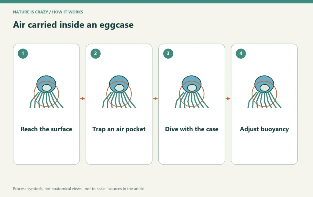Air carried inside an eggcase: Reach the surface → Trap an air pocket → Dive with the case → Adjust buoyancy.