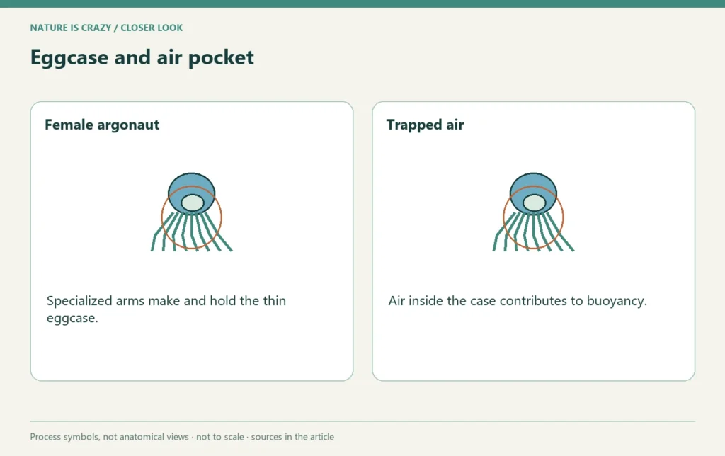Eggcase and air pocket: Female argonaut compared with Trapped air.