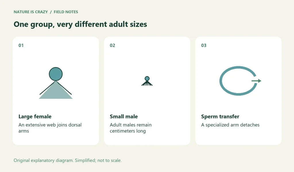 One group, very different adult sizes. Large female: An extensive web joins dorsal arms. Small male: Adult males remain centimeters long. Sperm transfer: A specialized arm detaches.
