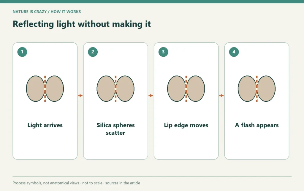 Reflecting light without making it: Light arrives → Silica spheres scatter → Lip edge moves → A flash appears.