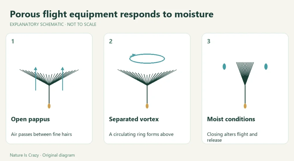 Porous flight equipment responds to moisture. Open pappus: Air passes between fine hairs. Separated vortex: A circulating ring forms above. Moist conditions: Closing alters flight and release.