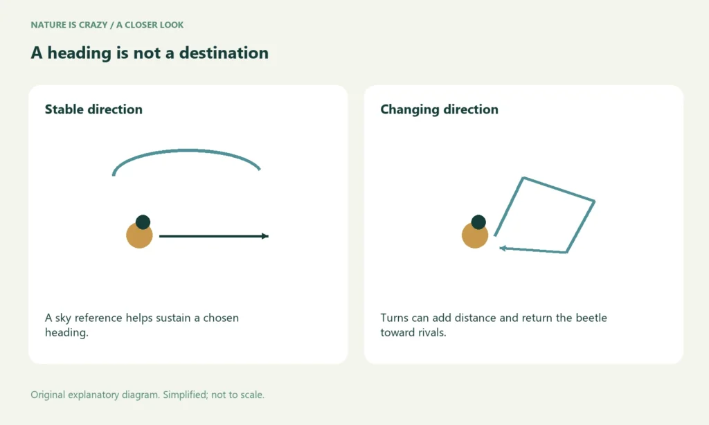 A heading is not a destination. Stable direction: A sky reference helps sustain a chosen heading. Changing direction: Turns can add distance and return the beetle toward rivals.