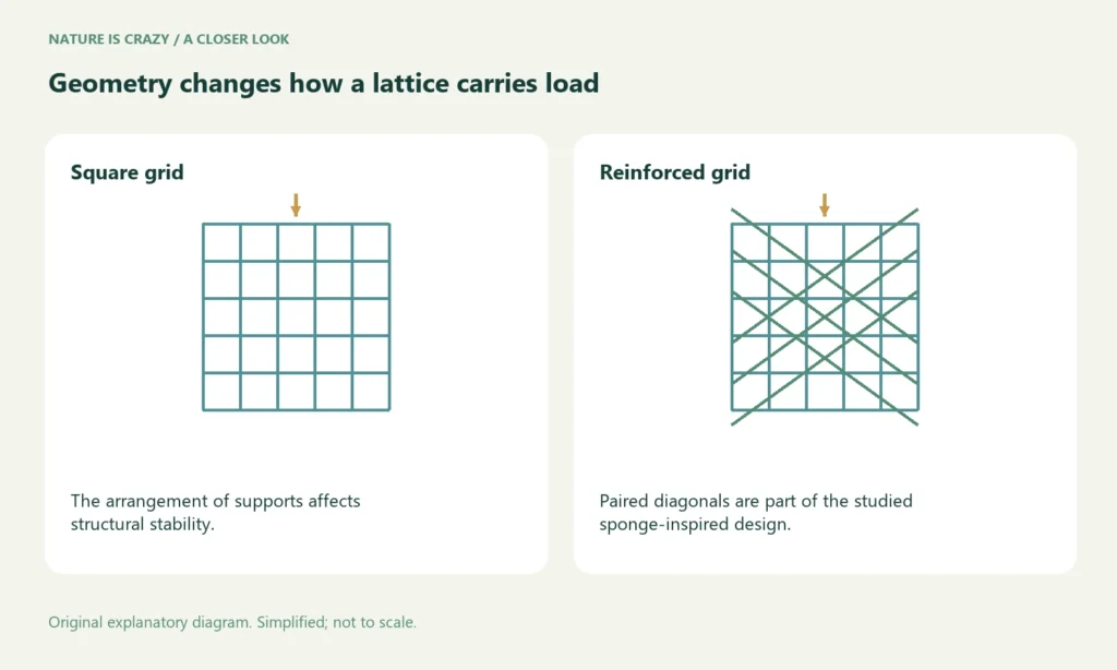 Geometry changes how a lattice carries load. Square grid: The arrangement of supports affects structural stability. Reinforced grid: Paired diagonals are part of the studied sponge-inspired design.