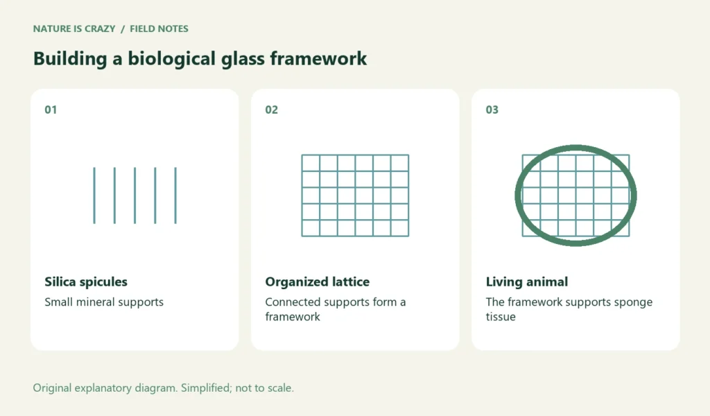 Building a biological glass framework. Silica spicules: Small mineral supports. Organized lattice: Connected supports form a framework. Living animal: The framework supports sponge tissue.