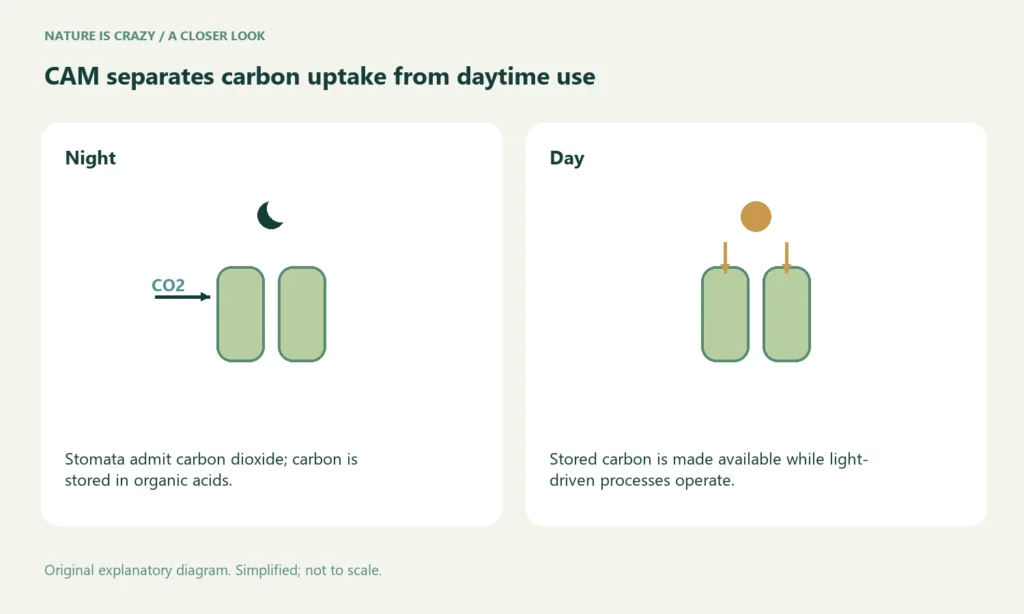 CAM separates carbon uptake from daytime use. Night: Stomata admit carbon dioxide; carbon is stored in organic acids. Day: Stored carbon is made available while light-driven processes operate.