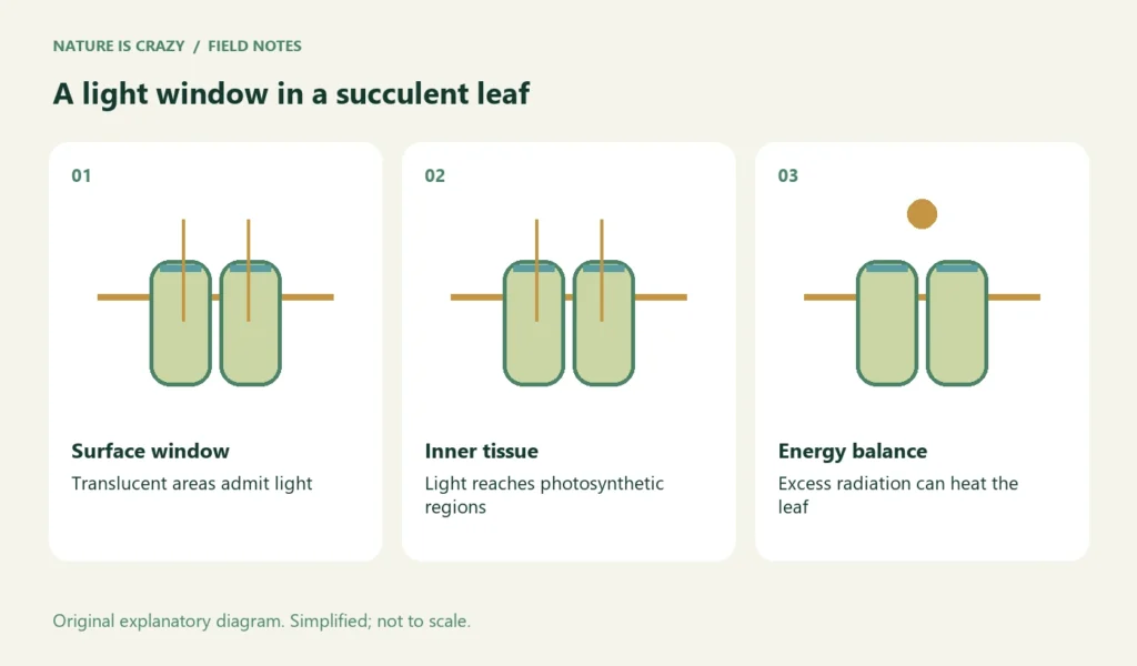 A light window in a succulent leaf. Surface window: Translucent areas admit light. Inner tissue: Light reaches photosynthetic regions. Energy balance: Excess radiation can heat the leaf.