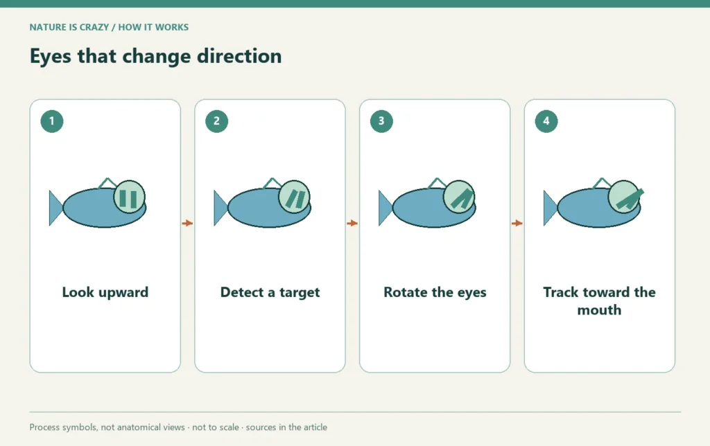 Eyes that change direction: Look upward → Detect a target → Rotate the eyes → Track toward the mouth.