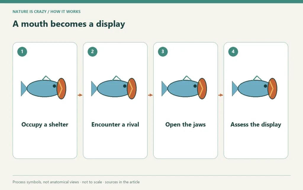 A mouth becomes a display: Occupy a shelter → Encounter a rival → Open the jaws → Assess the display.