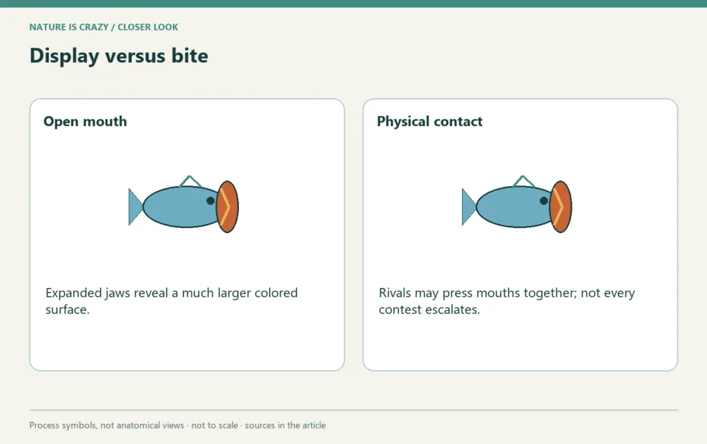 Display versus bite: Open mouth compared with Physical contact.