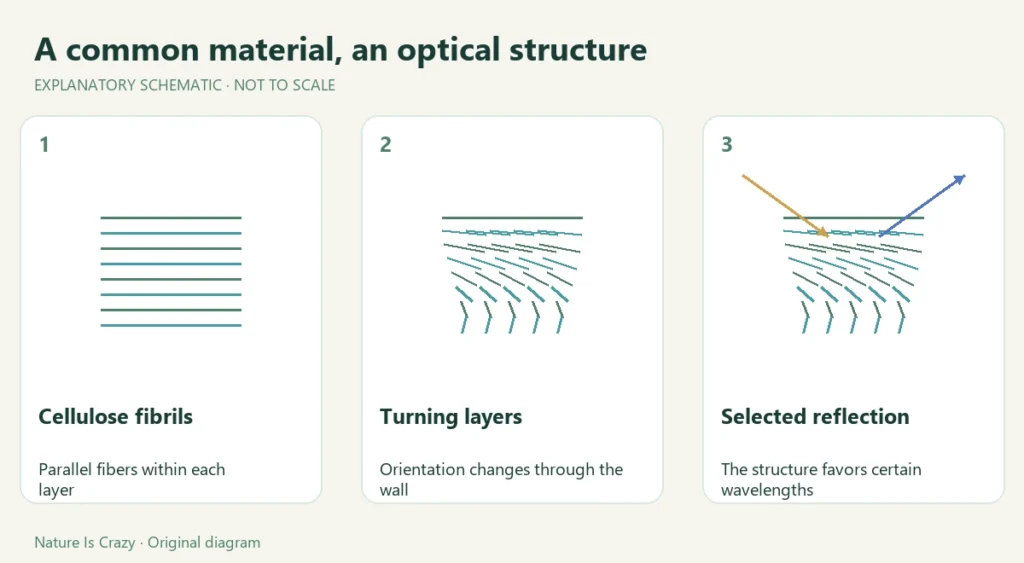A common material, an optical structure. Cellulose fibrils: Parallel fibers within each layer. Turning layers: Orientation changes through the wall. Selected reflection: The structure favors certain wavelengths.