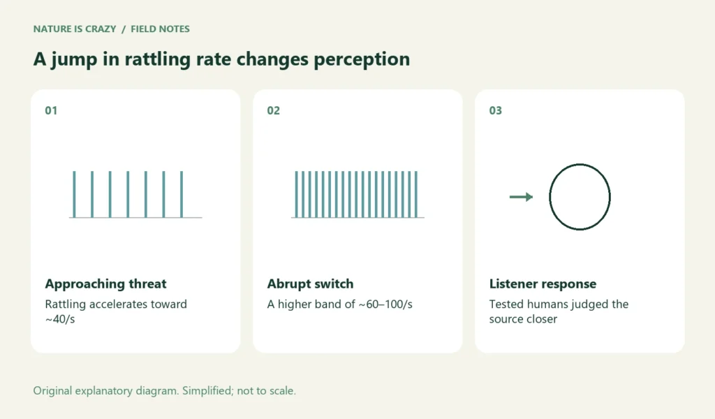 A jump in rattling rate changes perception. Approaching threat: Rattling accelerates toward ~40/s. Abrupt switch: A higher band of ~60–100/s. Listener response: Tested humans judged the source closer.