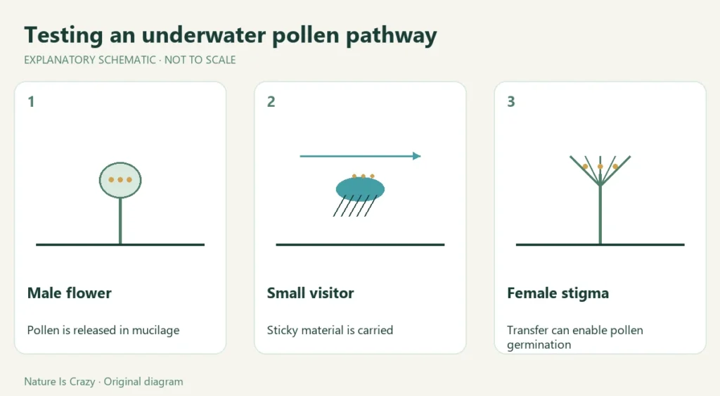 Testing an underwater pollen pathway. Male flower: Pollen is released in mucilage. Small visitor: Sticky material is carried. Female stigma: Transfer can enable pollen germination.