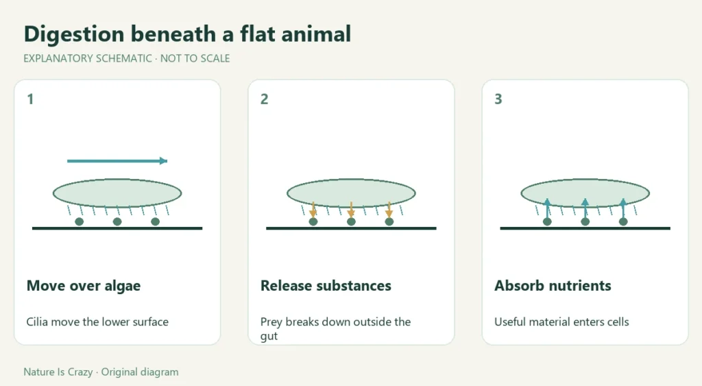 Digestion beneath a flat animal. Move over algae: Cilia move the lower surface. Release substances: Prey breaks down outside the gut. Absorb nutrients: Useful material enters cells.